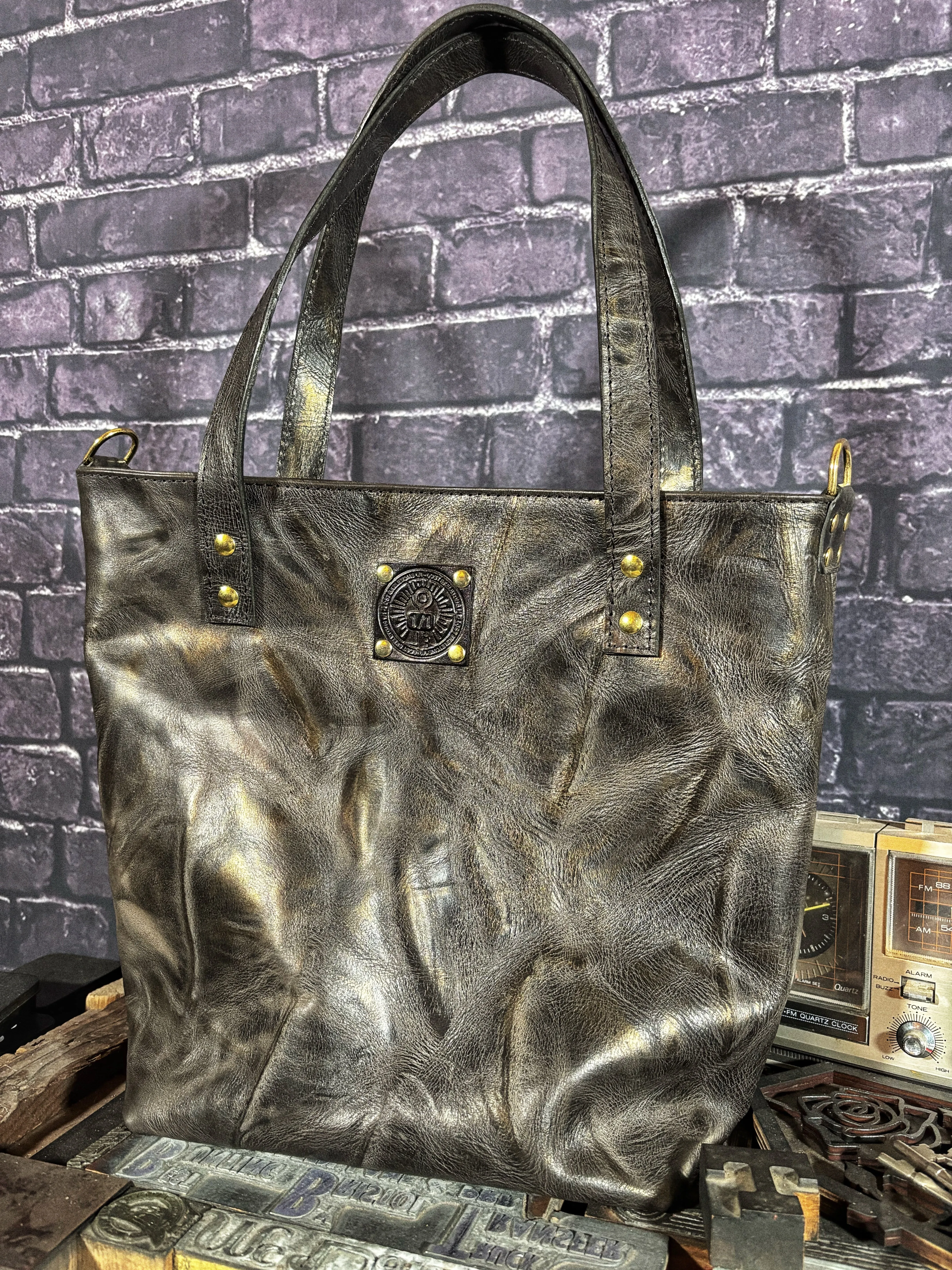 Charcoal & Gold Handmade Leather Tote Bag