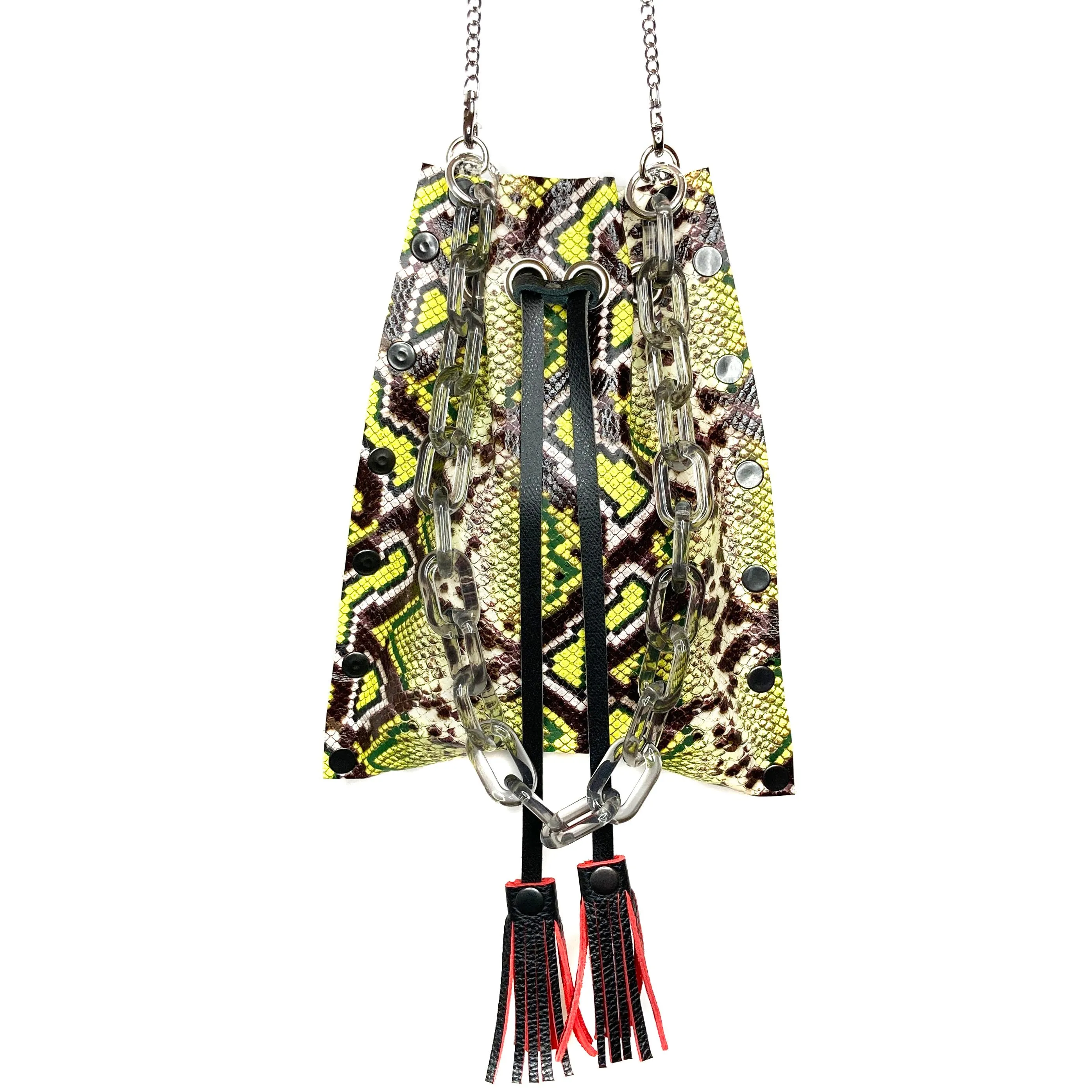 Chartreuse Snakeprint Leather Drawstring Bag