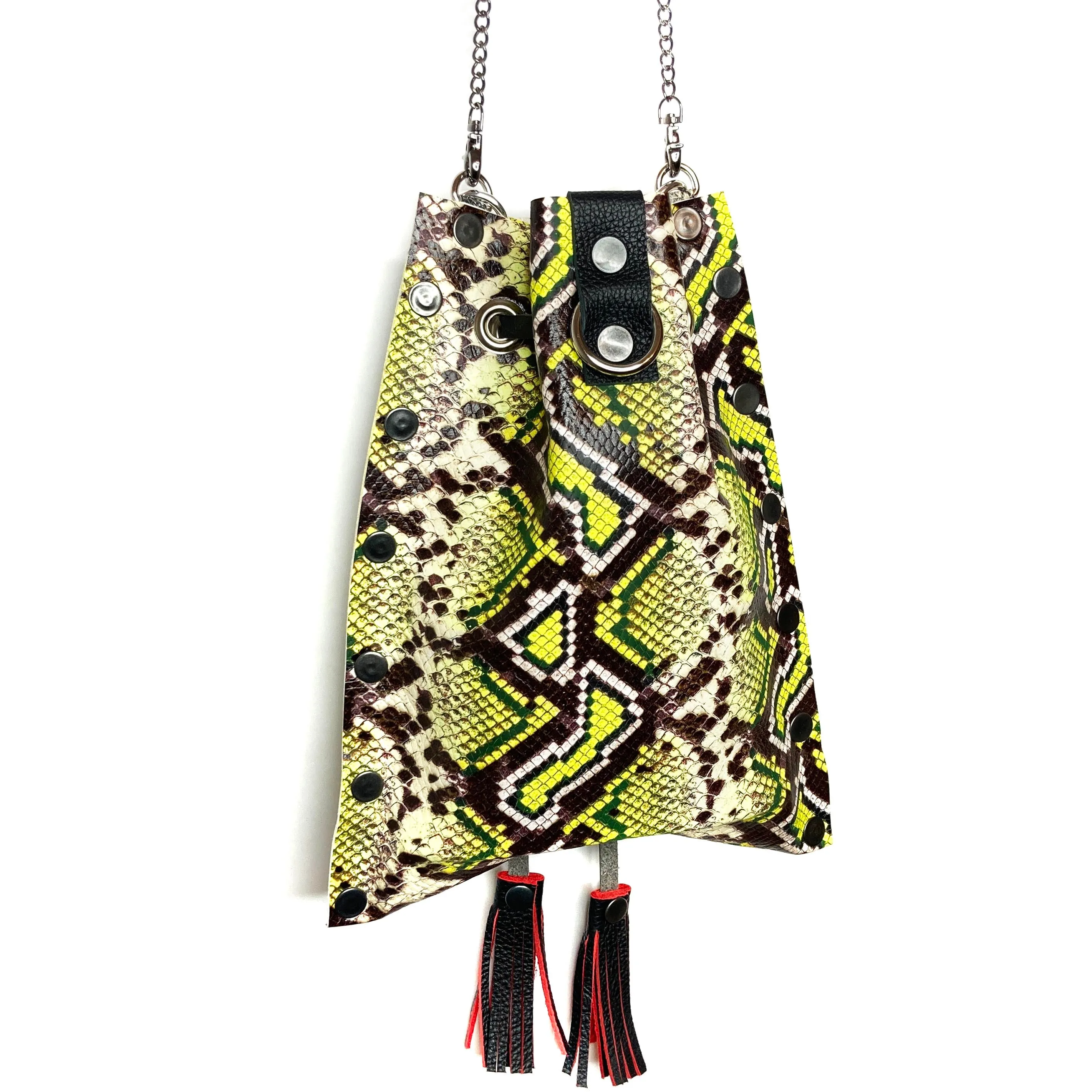 Chartreuse Snakeprint Leather Drawstring Bag