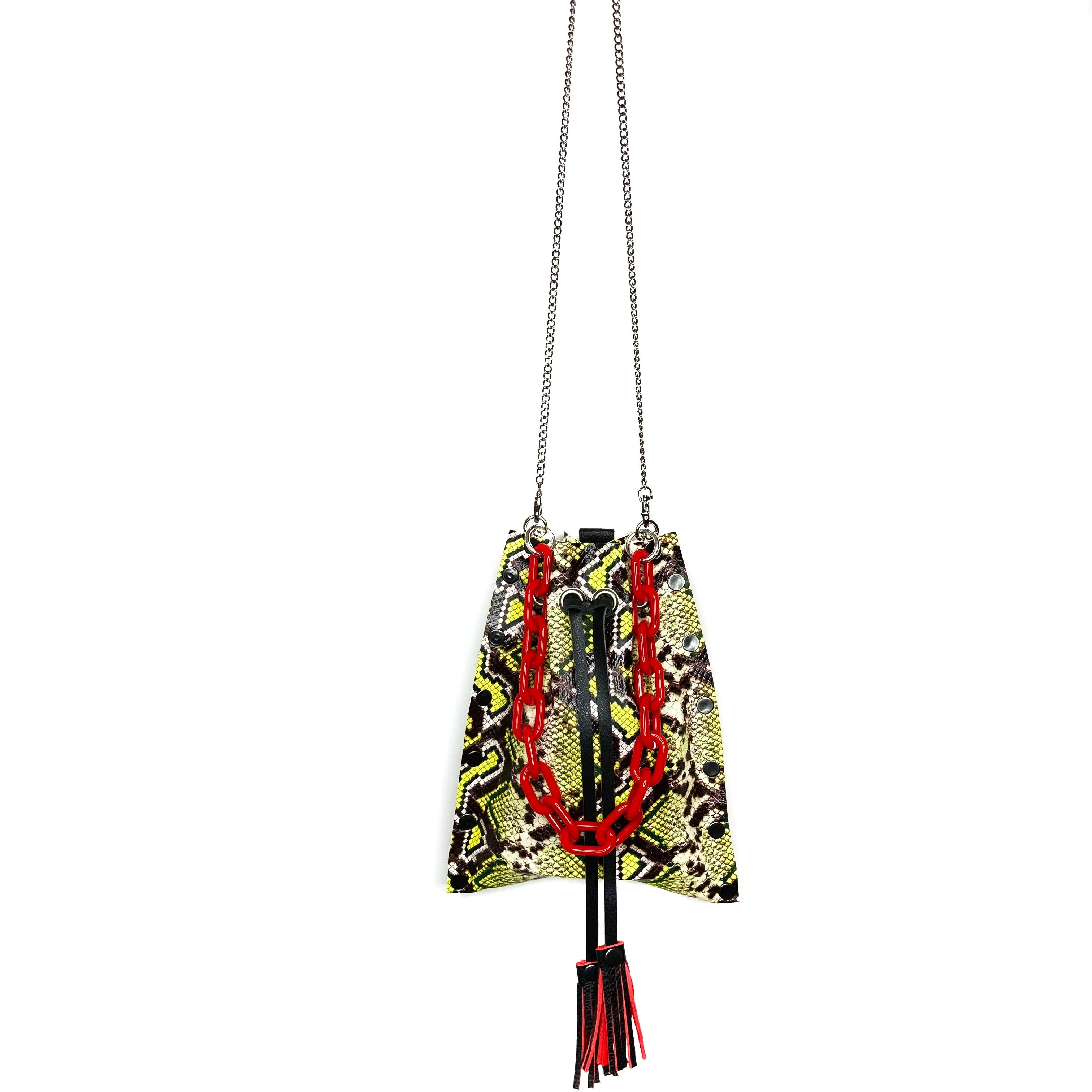 Chartreuse Snakeprint Leather Drawstring Bag