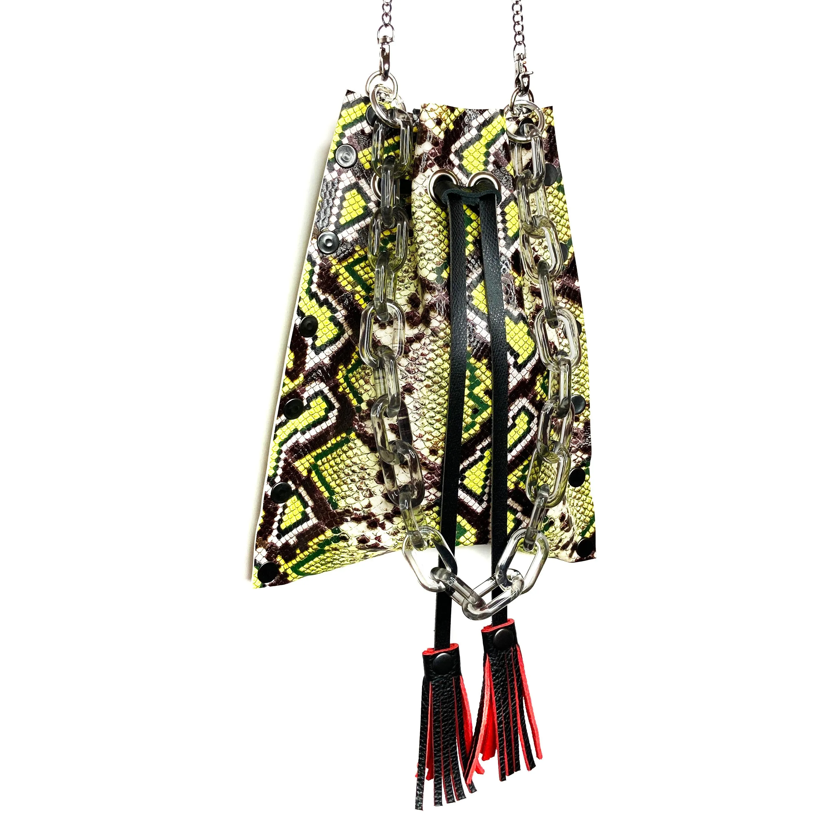 Chartreuse Snakeprint Leather Drawstring Bag