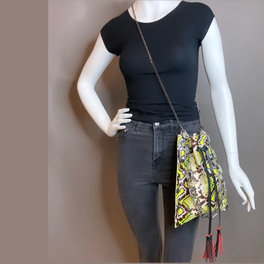 Chartreuse Snakeprint Leather Drawstring Bag