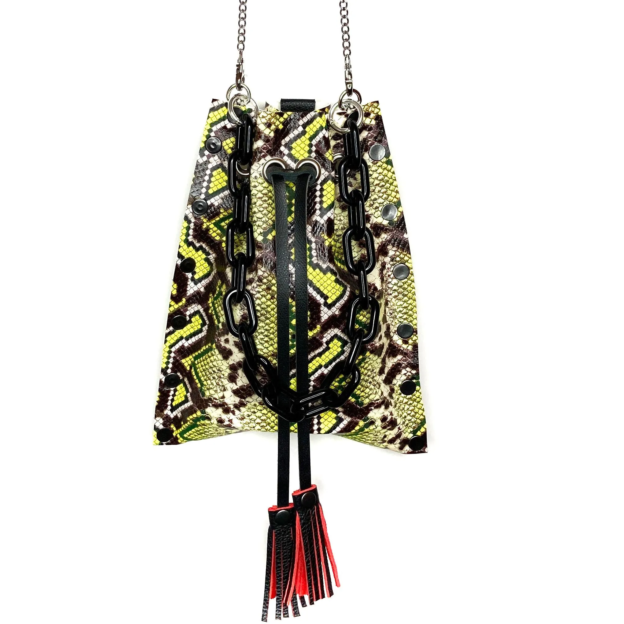 Chartreuse Snakeprint Leather Drawstring Bag