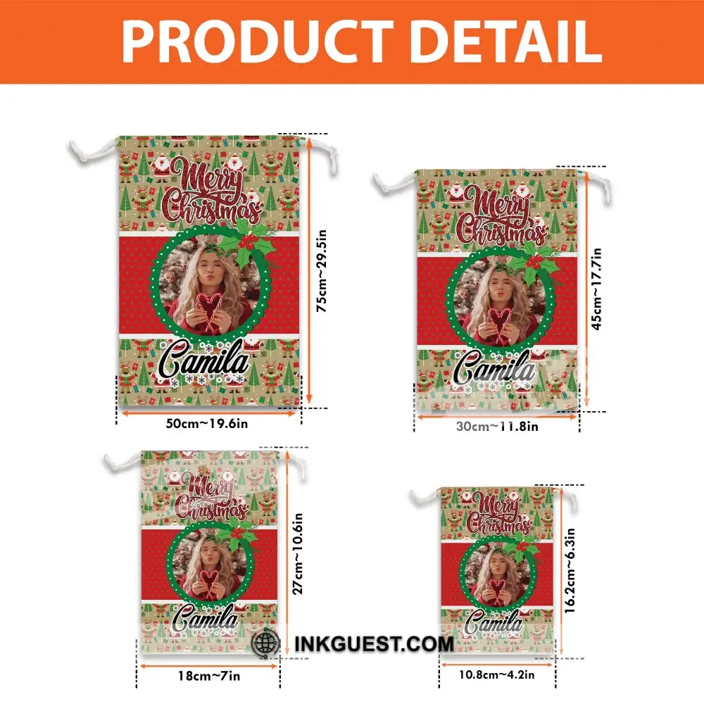 Christmas Decor For Custom Photo And Name, Personalized String Bag, Christmas Gift