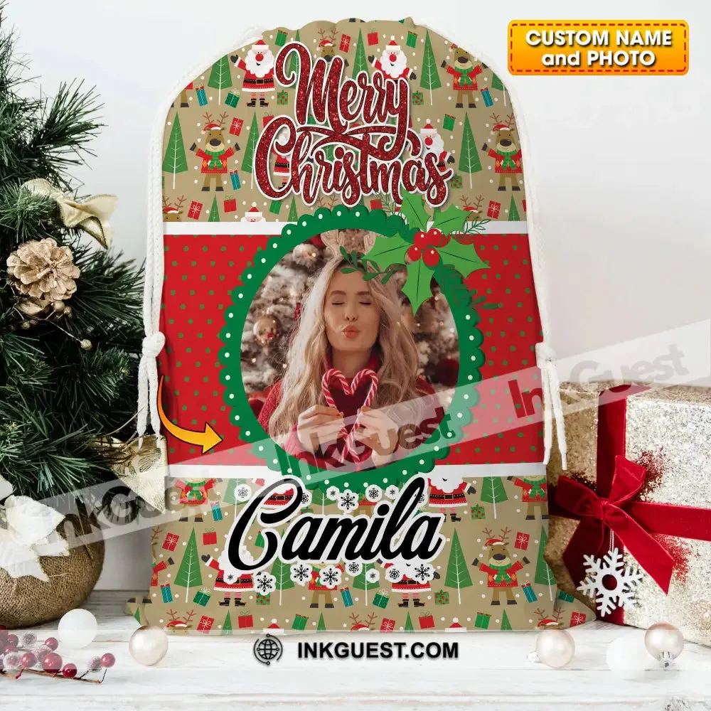 Christmas Decor For Custom Photo And Name, Personalized String Bag, Christmas Gift