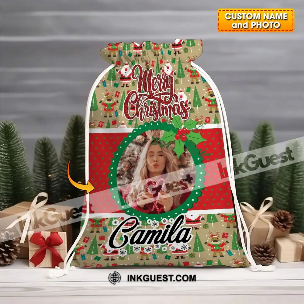 Christmas Decor For Custom Photo And Name, Personalized String Bag, Christmas Gift