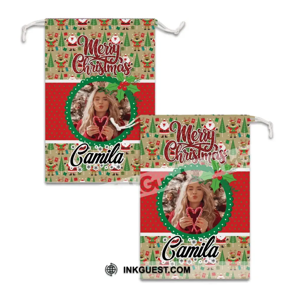 Christmas Decor For Custom Photo And Name, Personalized String Bag, Christmas Gift