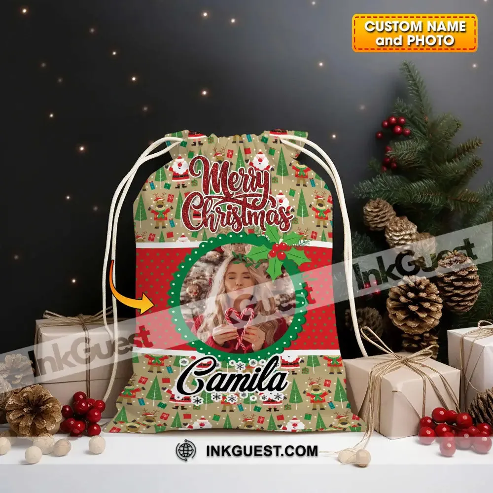 Christmas Decor For Custom Photo And Name, Personalized String Bag, Christmas Gift