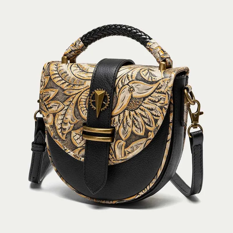 Clamshell Crossbody Bag Vintage Pattern Printing Chic Leather Handbag