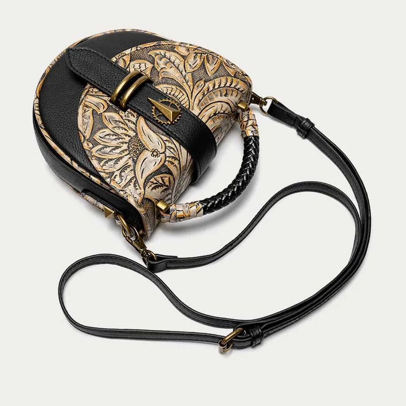 Clamshell Crossbody Bag Vintage Pattern Printing Chic Leather Handbag