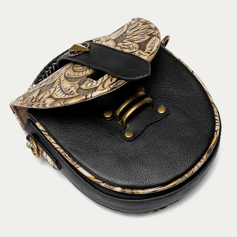 Clamshell Crossbody Bag Vintage Pattern Printing Chic Leather Handbag