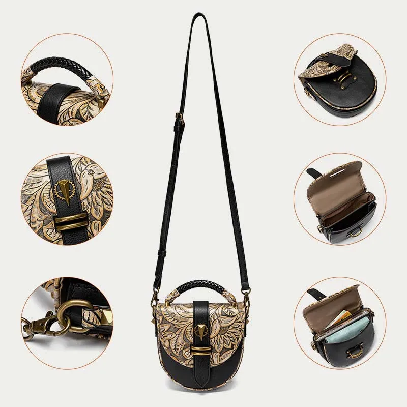 Clamshell Crossbody Bag Vintage Pattern Printing Chic Leather Handbag