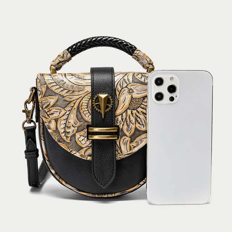 Clamshell Crossbody Bag Vintage Pattern Printing Chic Leather Handbag