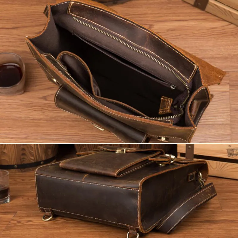 Crazy Horse Leather Men Backpack Multifunction Shoulder Messenger Bag Handmade Travel Backpack