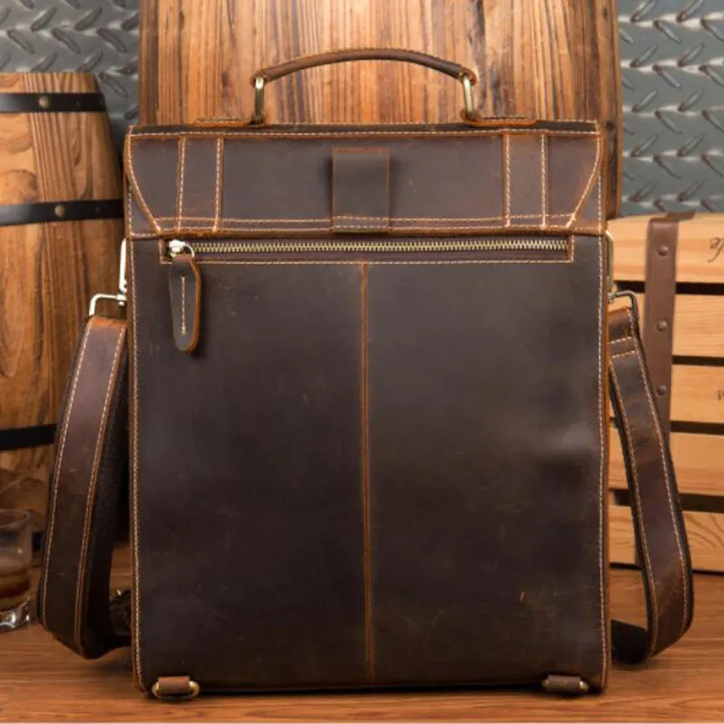Crazy Horse Leather Men Backpack Multifunction Shoulder Messenger Bag Handmade Travel Backpack