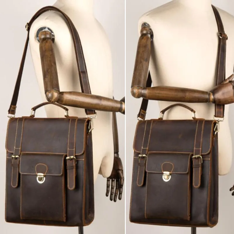 Crazy Horse Leather Men Backpack Multifunction Shoulder Messenger Bag Handmade Travel Backpack