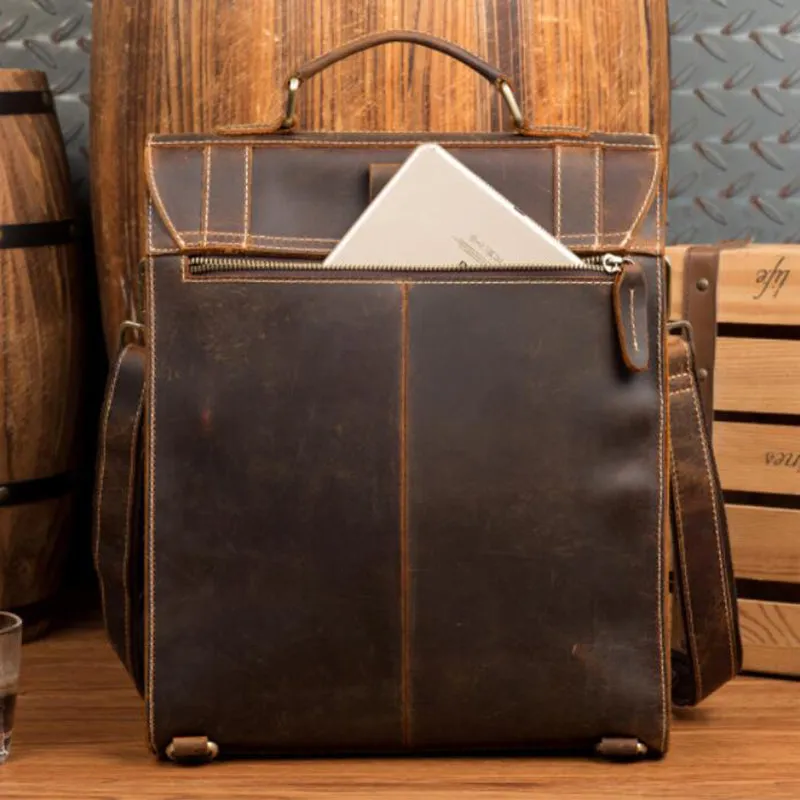 Crazy Horse Leather Men Backpack Multifunction Shoulder Messenger Bag Handmade Travel Backpack