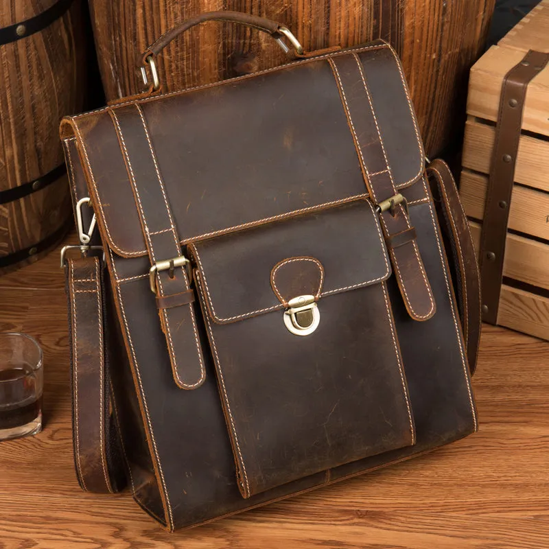Crazy Horse Leather Men Backpack Multifunction Shoulder Messenger Bag Handmade Travel Backpack