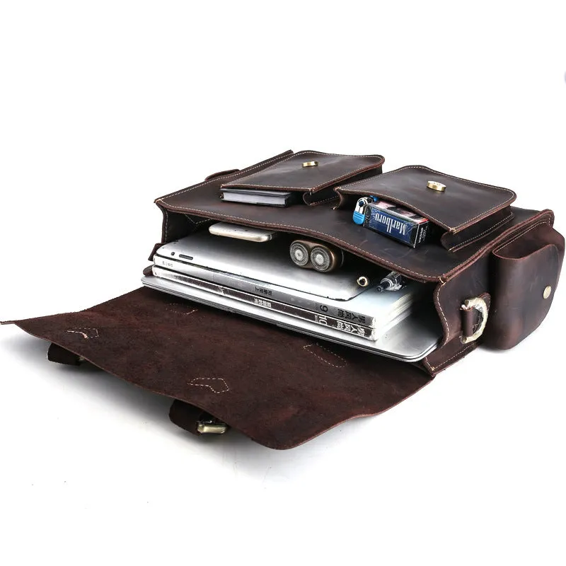 Crazy Horse Leather Men Briefcase Retro Shoulder Messenger Bag Laptop Bag