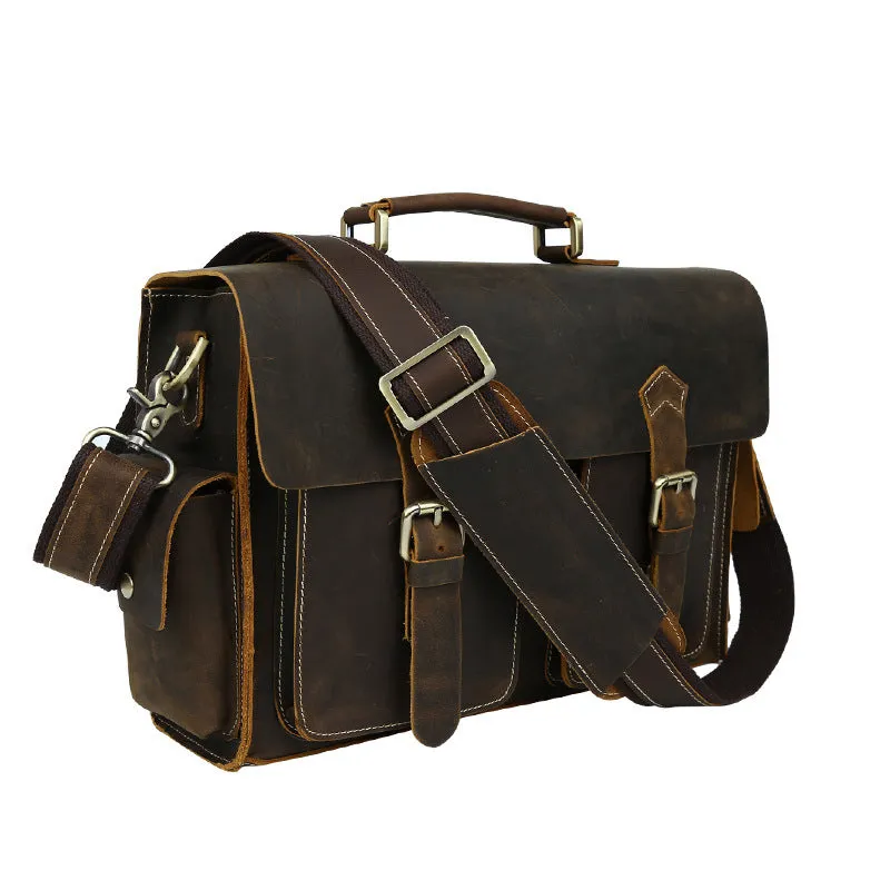 Crazy Horse Leather Men Briefcase Retro Shoulder Messenger Bag Laptop Bag