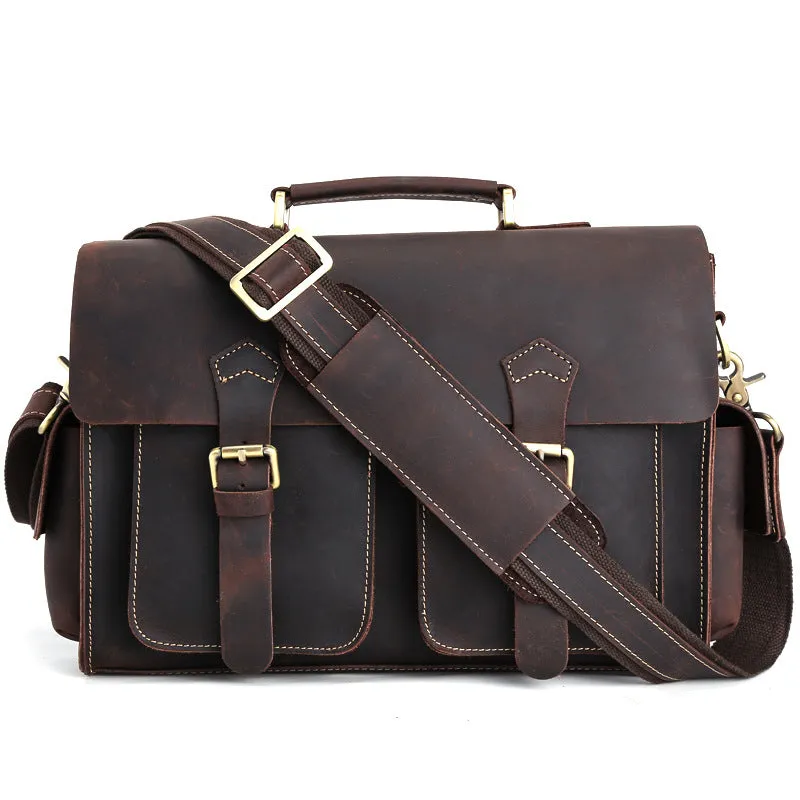 Crazy Horse Leather Men Briefcase Retro Shoulder Messenger Bag Laptop Bag
