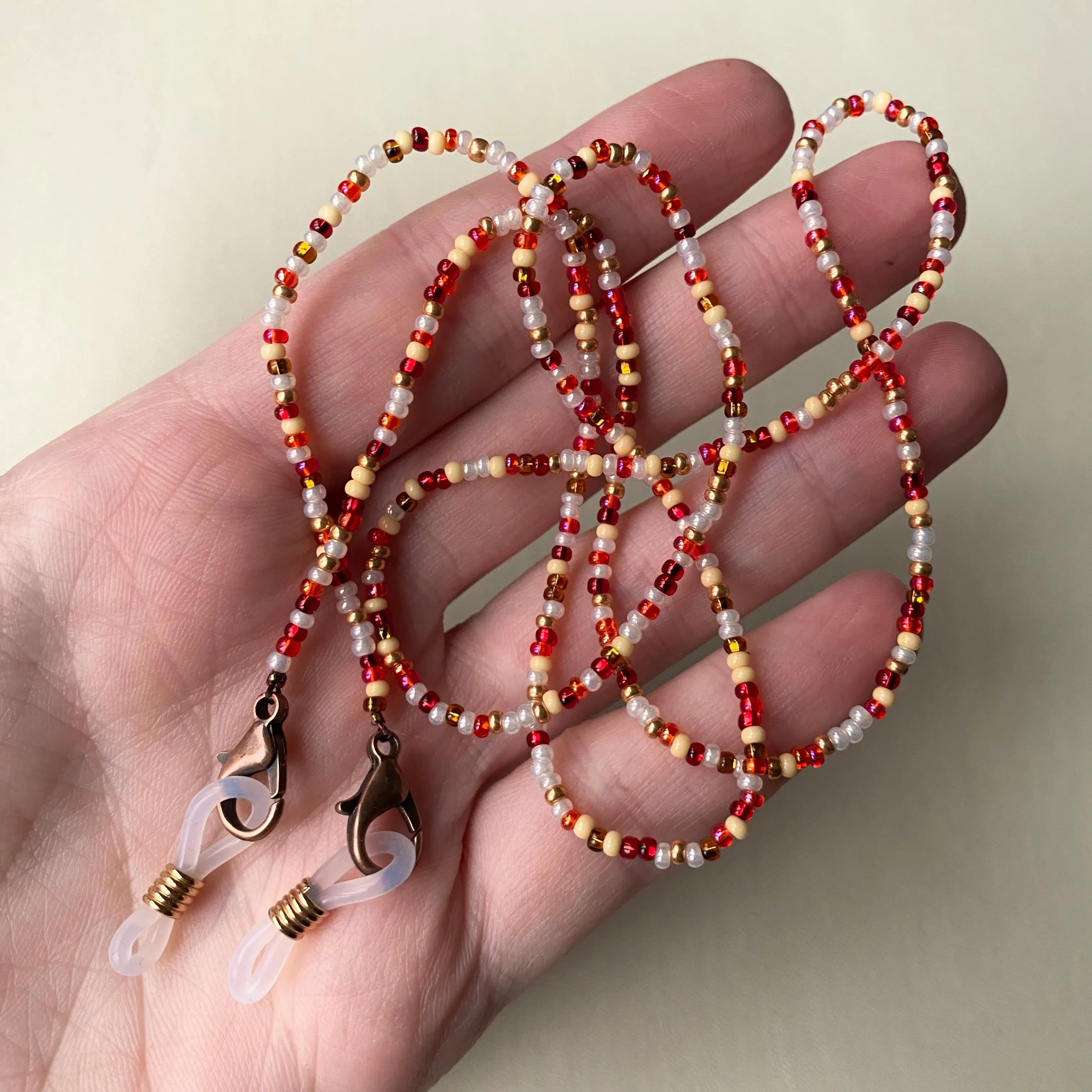 Dainty Confetti Seed Beaded Glasses Chain, Red White Pearl Gold beaded Eyeglass holder Teacher lanyard, Boho Hippie Sunglasses Strap cord