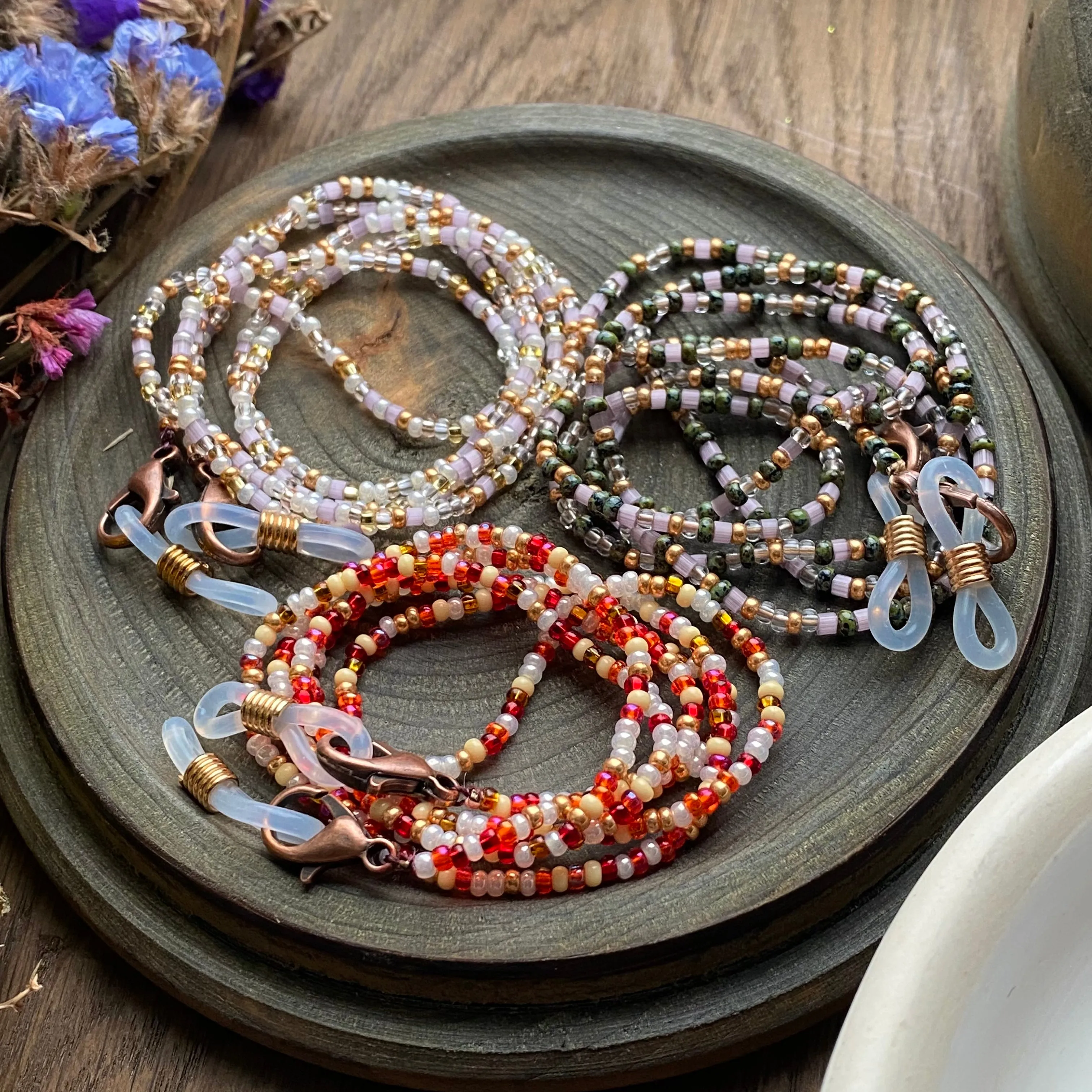 Dainty Confetti Seed Beaded Glasses Chain, Red White Pearl Gold beaded Eyeglass holder Teacher lanyard, Boho Hippie Sunglasses Strap cord