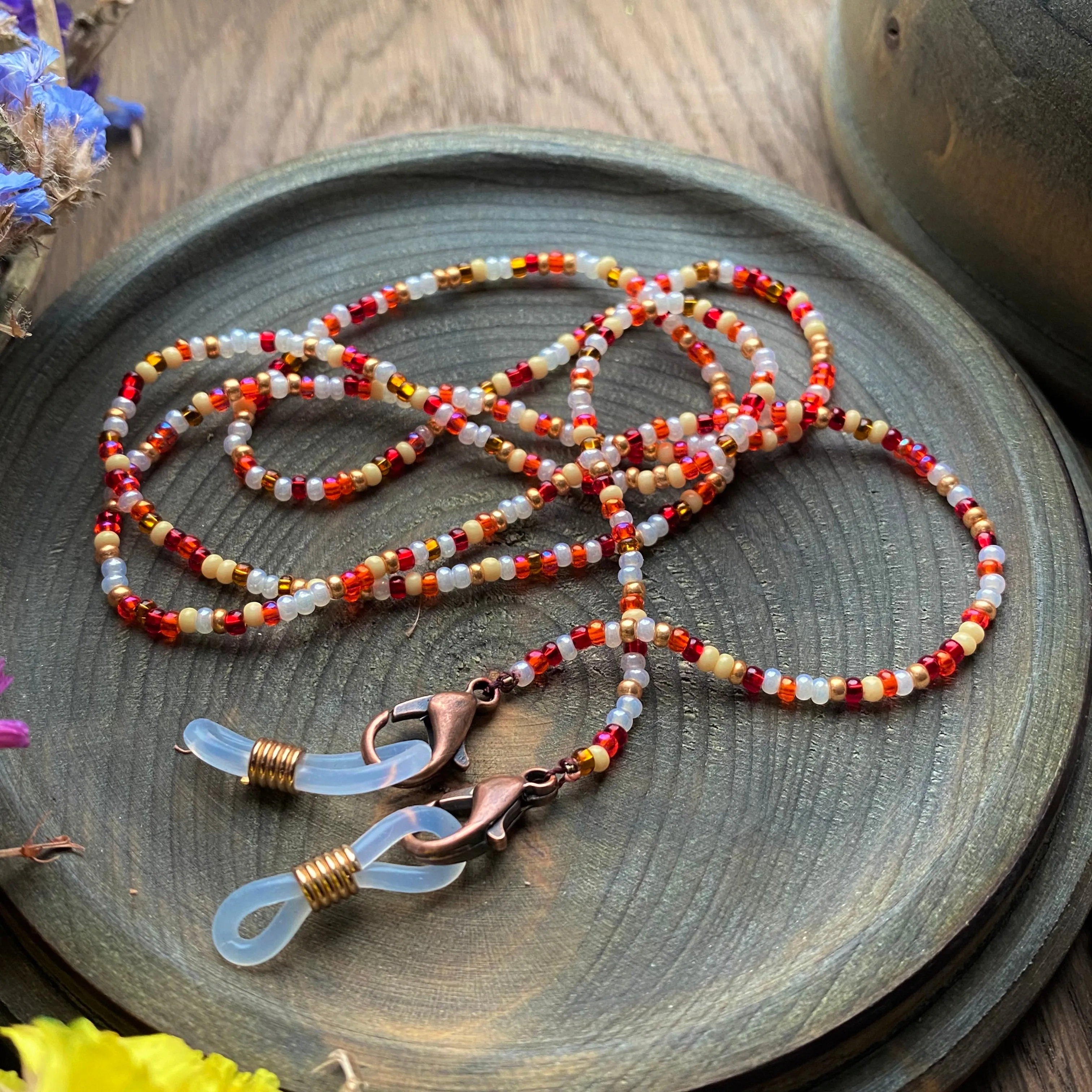 Dainty Confetti Seed Beaded Glasses Chain, Red White Pearl Gold beaded Eyeglass holder Teacher lanyard, Boho Hippie Sunglasses Strap cord