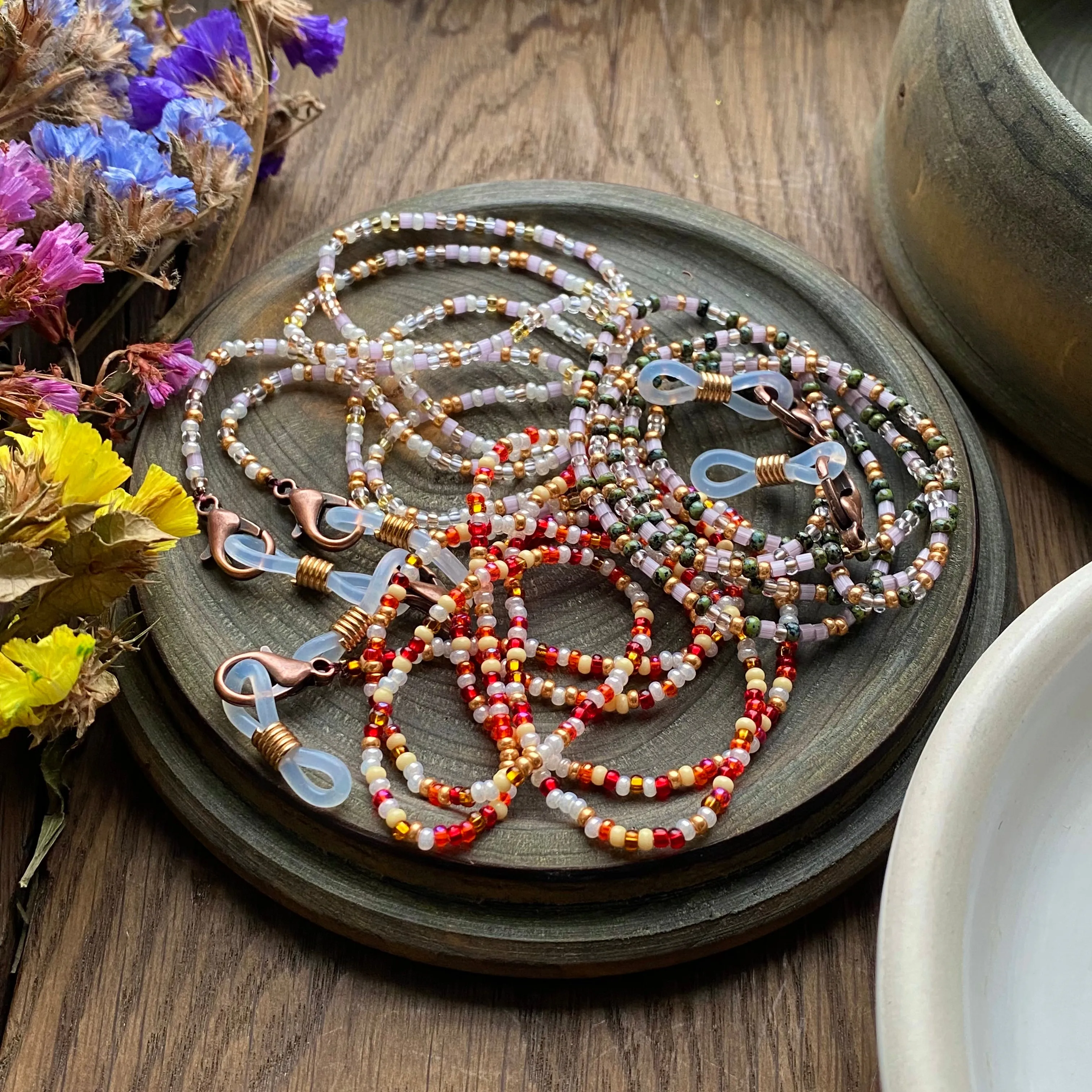 Dainty Confetti Seed Beaded Glasses Chain, Red White Pearl Gold beaded Eyeglass holder Teacher lanyard, Boho Hippie Sunglasses Strap cord
