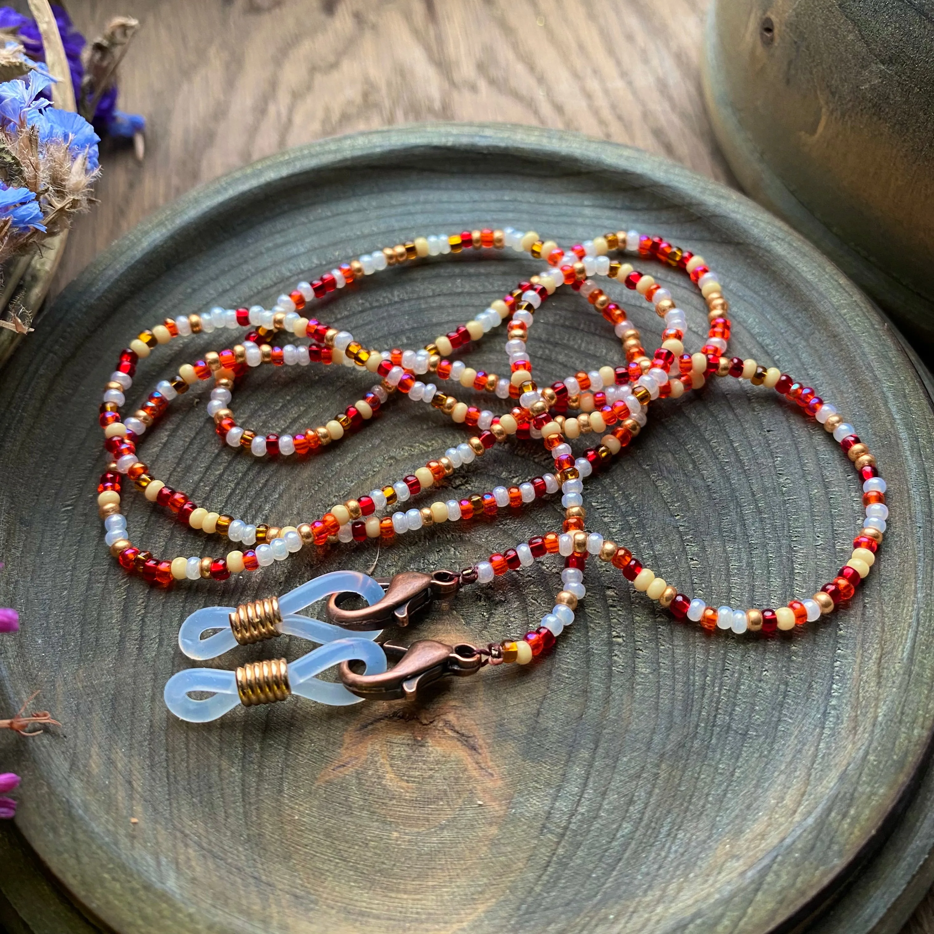 Dainty Confetti Seed Beaded Glasses Chain, Red White Pearl Gold beaded Eyeglass holder Teacher lanyard, Boho Hippie Sunglasses Strap cord