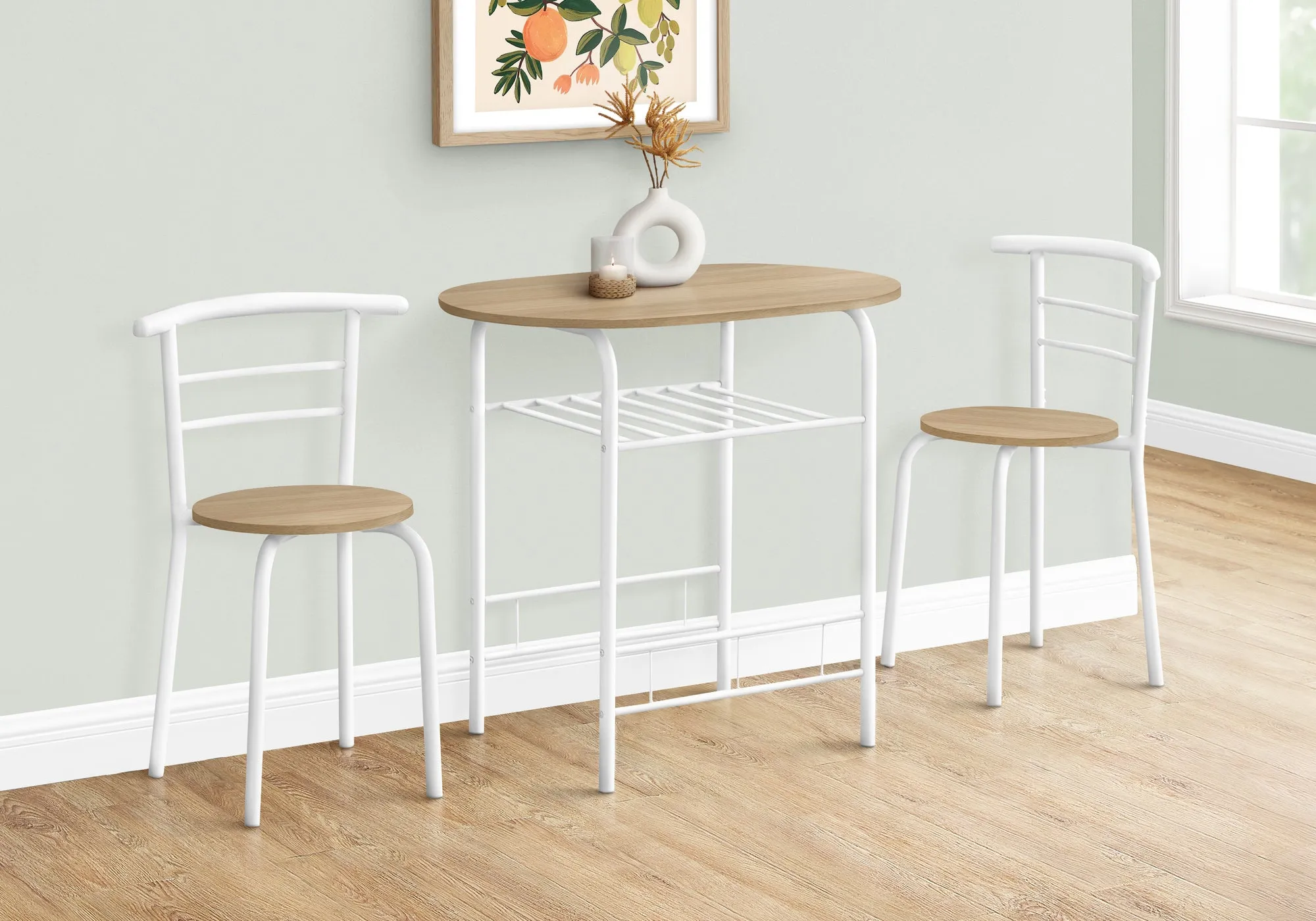 Dining Table Set, 3pcs Set, Small, 32" L, Kitchen, Natural Laminate, White Metal, Contemporary, Modern