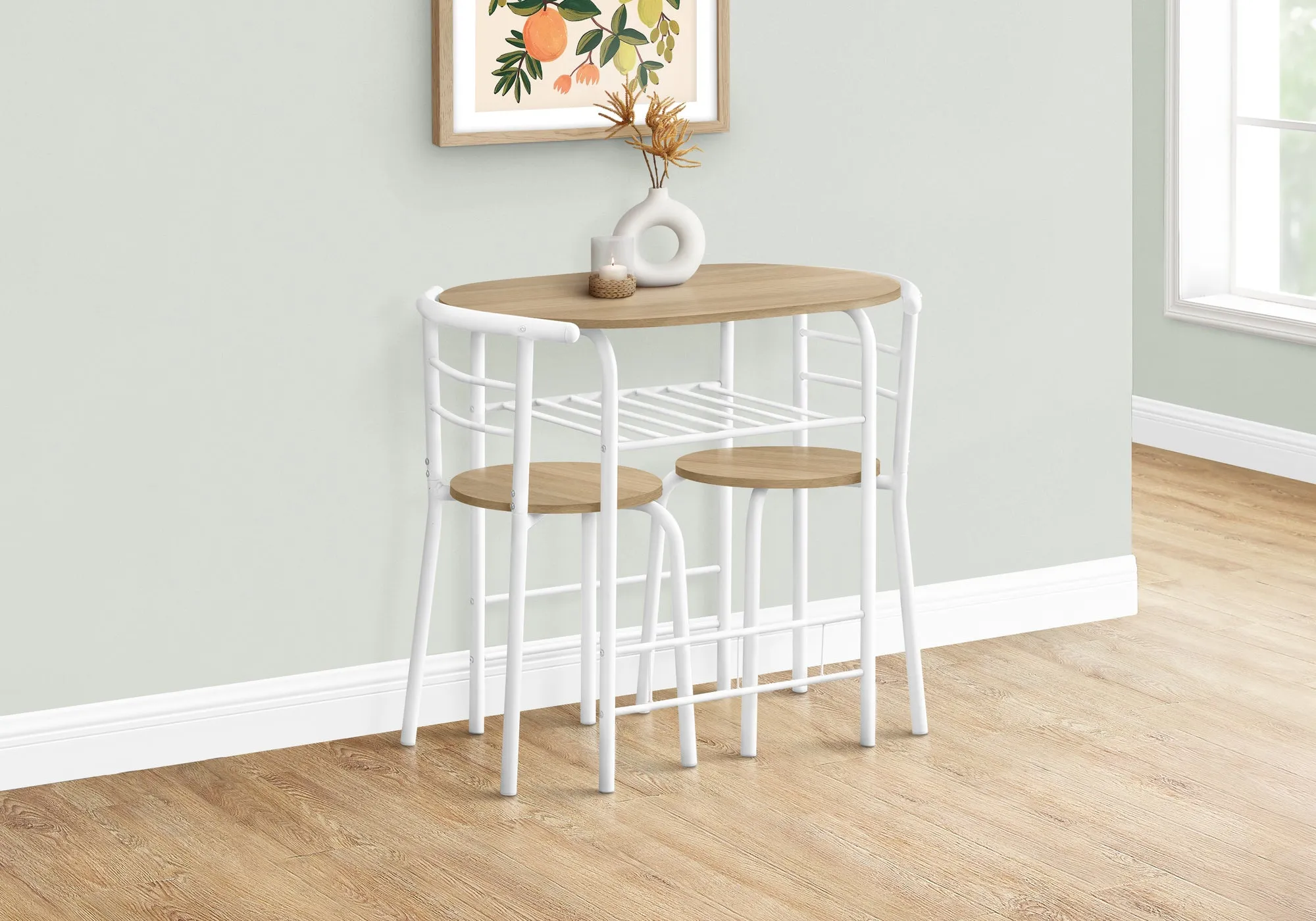 Dining Table Set, 3pcs Set, Small, 32" L, Kitchen, Natural Laminate, White Metal, Contemporary, Modern