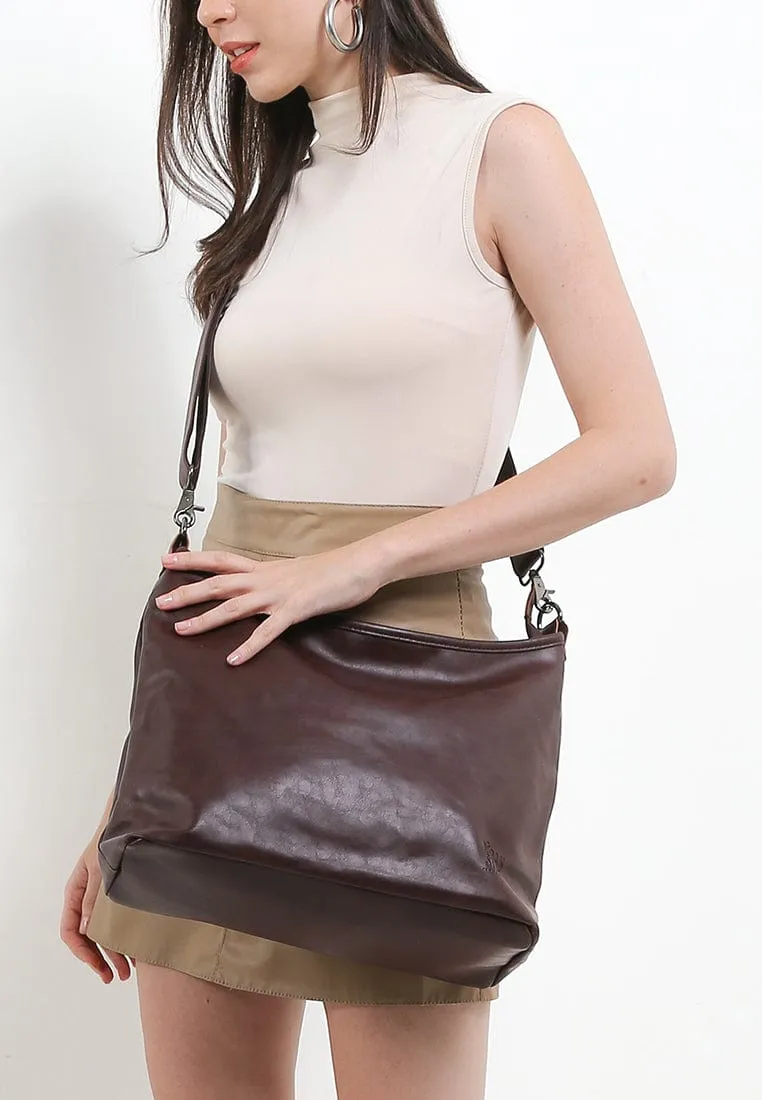Distressed Leather Hobo Small Crossbody Bag - Dark Brown