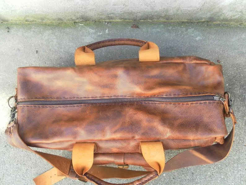 Distressed Tan Duffle Bag-Leather Weekender Luggage Bag