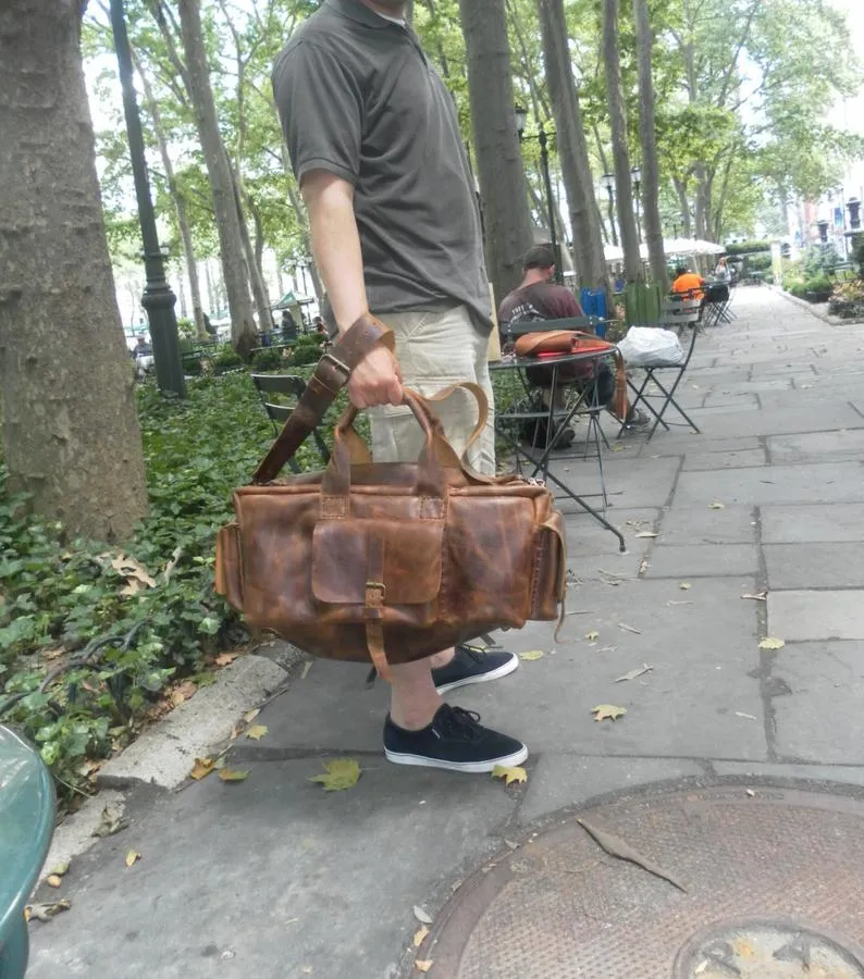 Distressed Tan Duffle Bag-Leather Weekender Luggage Bag