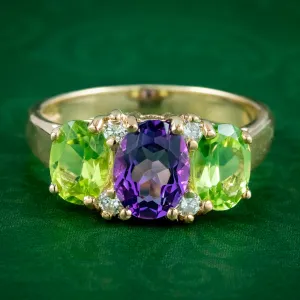 Edwardian Suffragette Style Ring Amethyst Peridot Diamond 9ct Gold