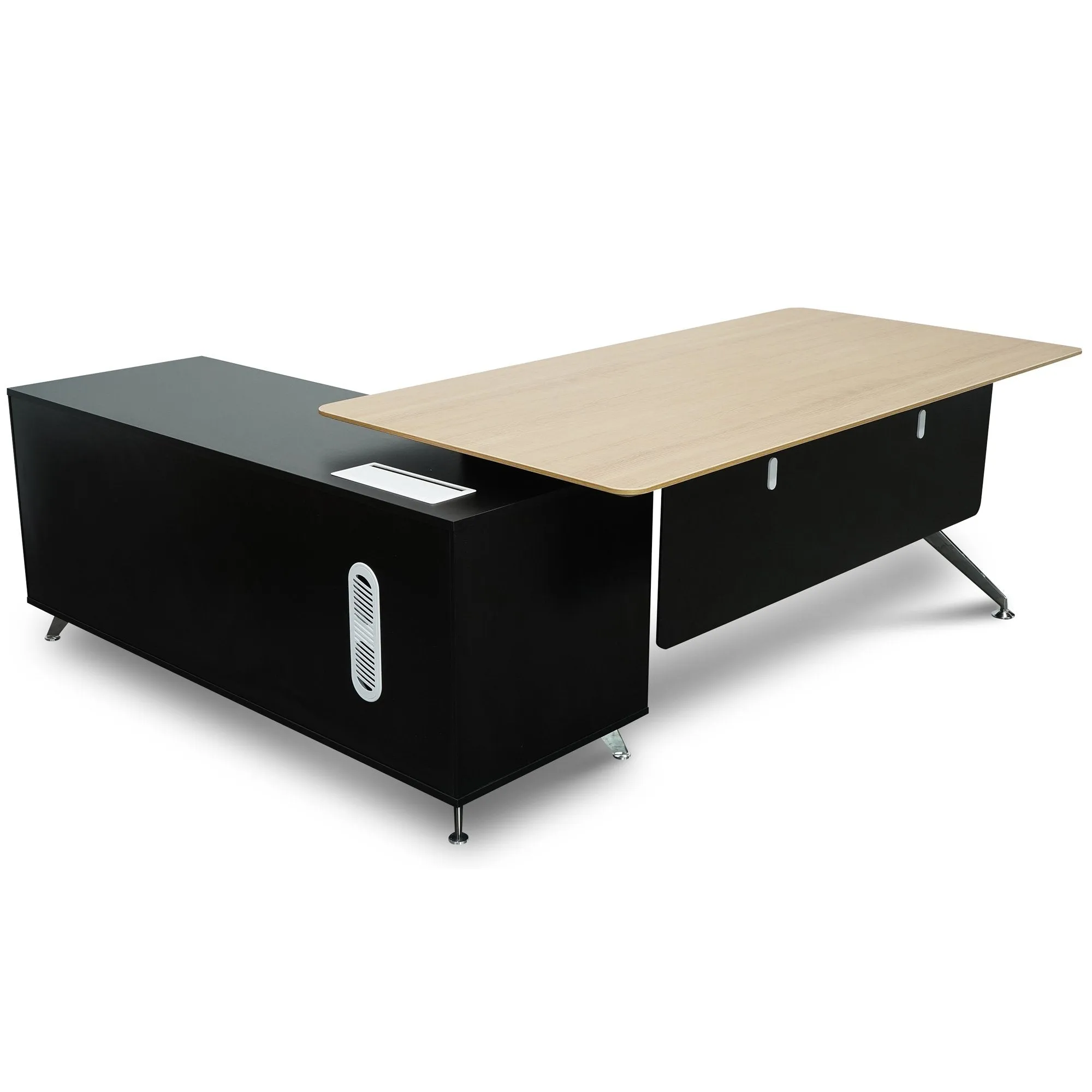 Excel 1.95m Right Return Black Executive Desk - Natural Top and Drawers