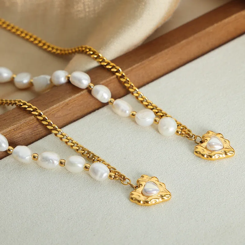 Exquisite High-End Gold-Plated Love Pendant Necklace with Shiny Shell Beads - Women's Titanium Steel Jewelry