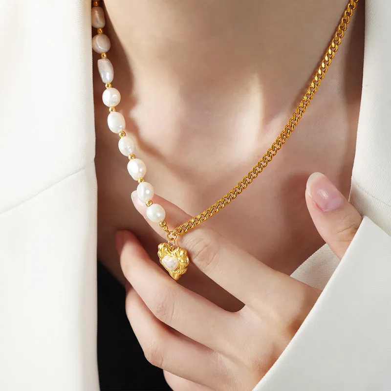 Exquisite High-End Gold-Plated Love Pendant Necklace with Shiny Shell Beads - Women's Titanium Steel Jewelry