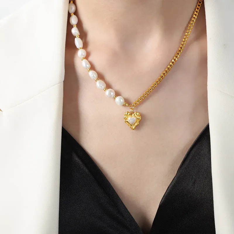 Exquisite High-End Gold-Plated Love Pendant Necklace with Shiny Shell Beads - Women's Titanium Steel Jewelry