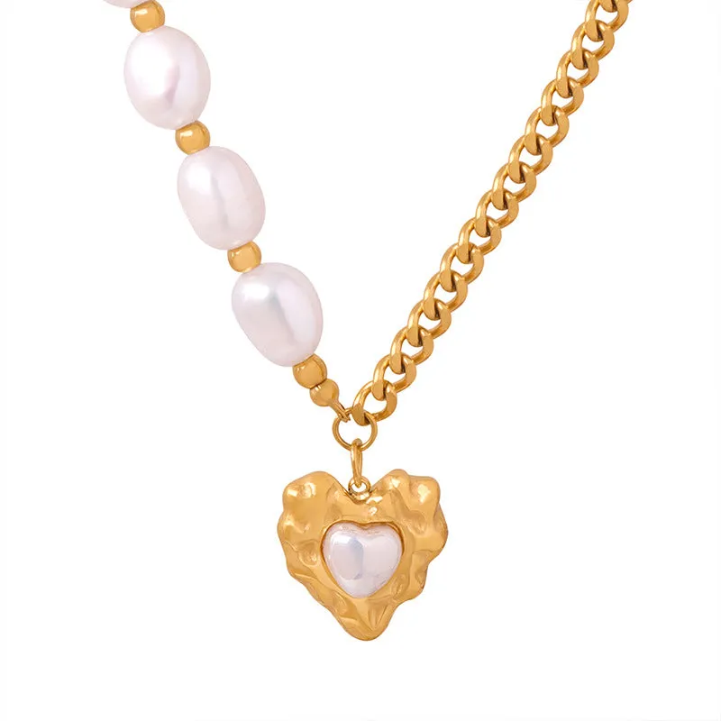Exquisite High-End Gold-Plated Love Pendant Necklace with Shiny Shell Beads - Women's Titanium Steel Jewelry
