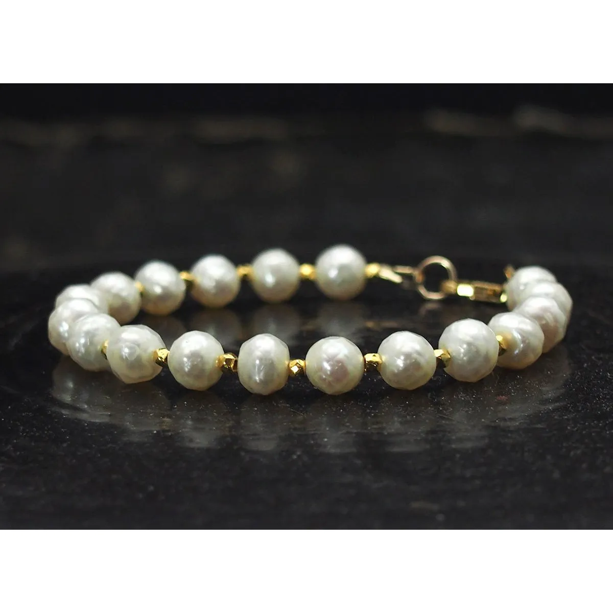 Faceted Fresh Water Pearl Bracelet with Gold Vermeil Spacer Beads with Gold Filled Trigger Clasp