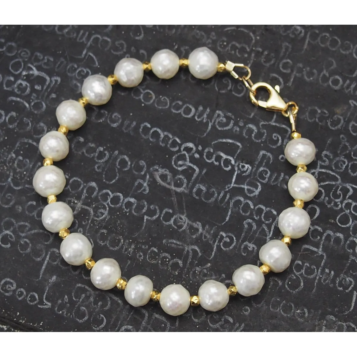 Faceted Fresh Water Pearl Bracelet with Gold Vermeil Spacer Beads with Gold Filled Trigger Clasp