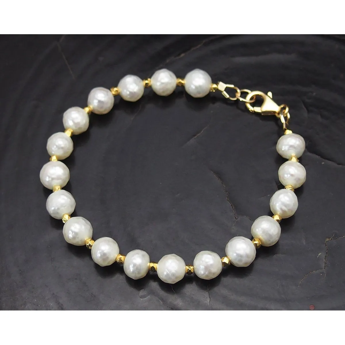 Faceted Fresh Water Pearl Bracelet with Gold Vermeil Spacer Beads with Gold Filled Trigger Clasp