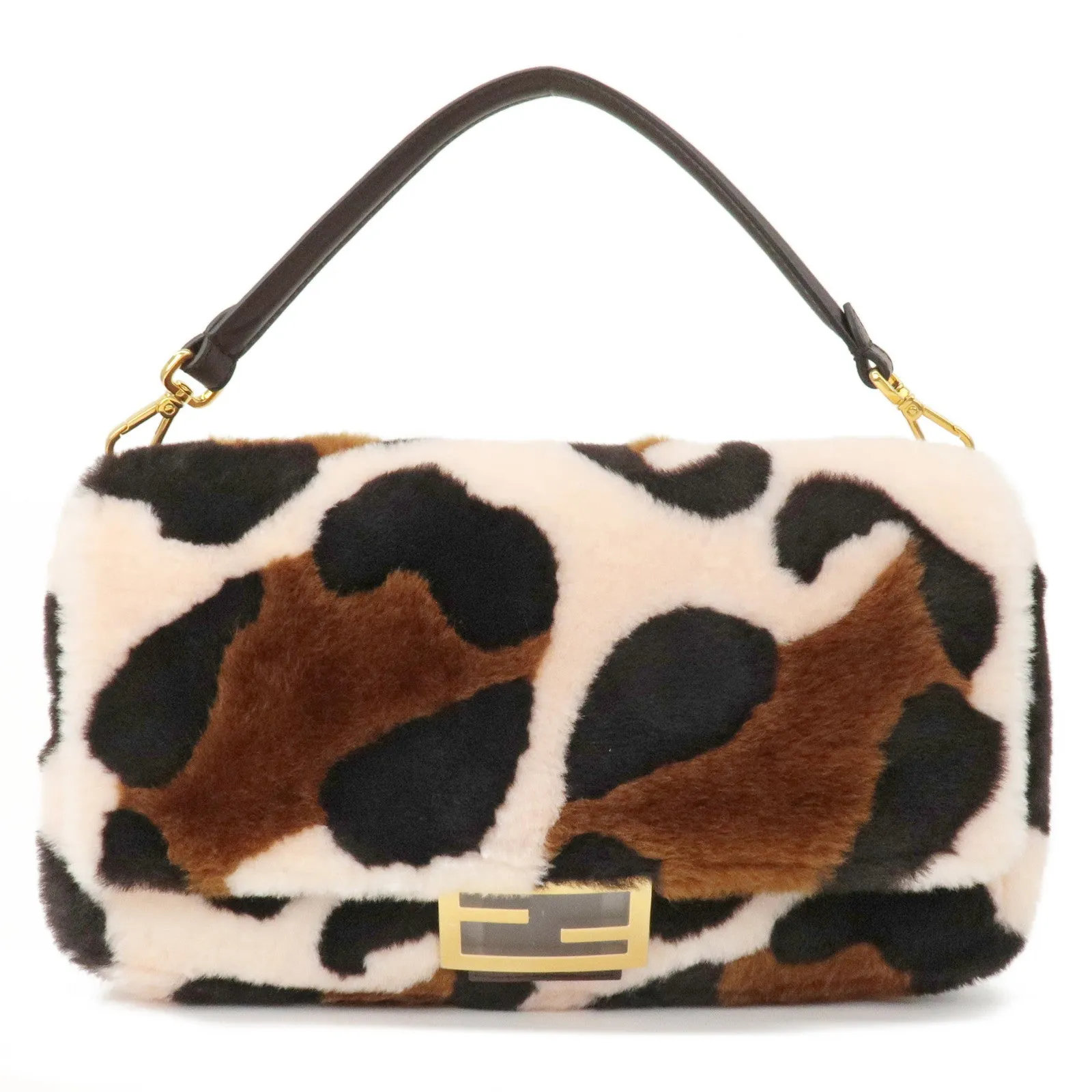 FENDI Fur Leather Bucket Large 2WAY Bag Animal Pattern 8BR771