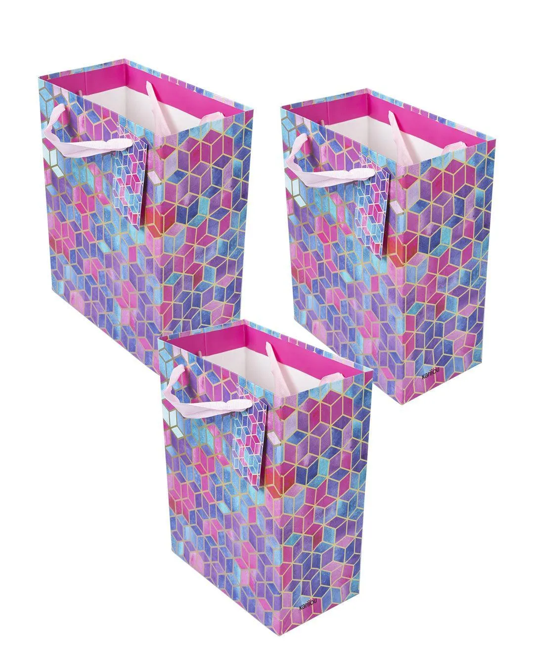 Gift Bag, 3D Tile Print, Small, Paper Bag, Multicolor, Paper, Set of 3