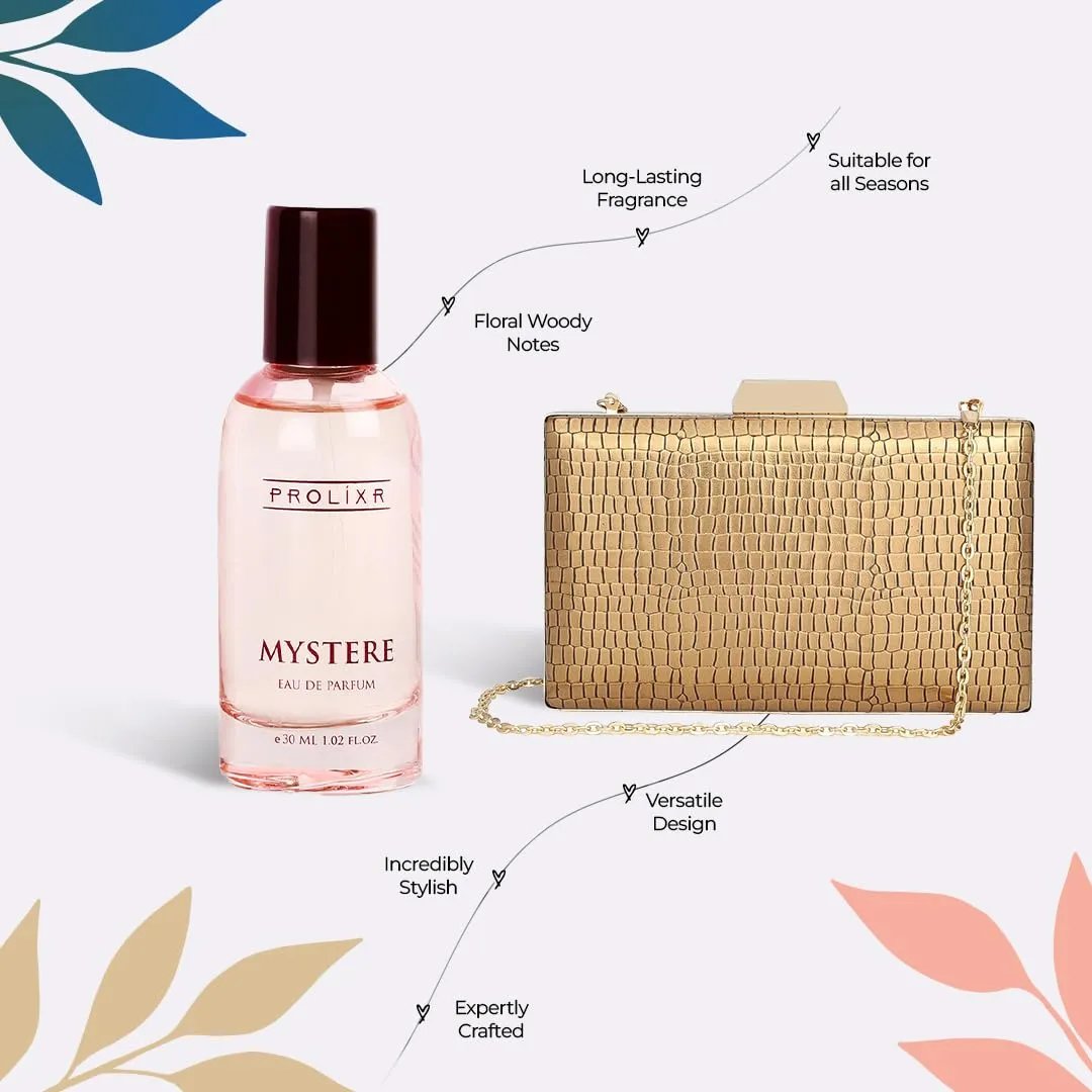 Gleevers Chic & Fragrant Gift for Women | Gift Box pack of 2 with Perfume (30 ml) & Golden Sling Bag | Birthday Gift, Anniversary Gift, Valentine Gift, Secret Santa Gifts