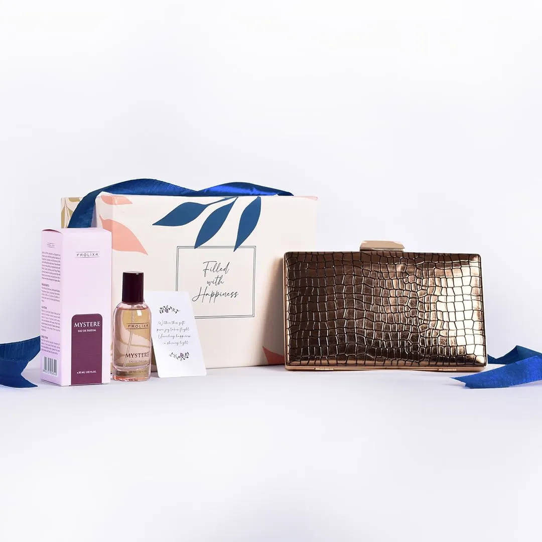 Gleevers Chic & Fragrant Gift for Women | Gift Box pack of 2 with Perfume (30 ml) & Golden Sling Bag | Birthday Gift, Anniversary Gift, Valentine Gift, Secret Santa Gifts