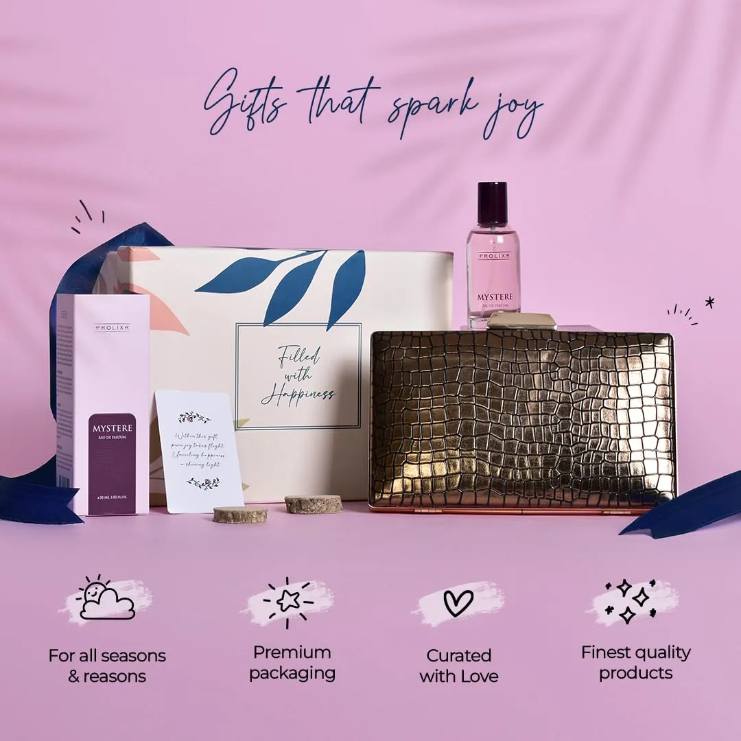Gleevers Chic & Fragrant Gift for Women | Gift Box pack of 2 with Perfume (30 ml) & Golden Sling Bag | Birthday Gift, Anniversary Gift, Valentine Gift, Secret Santa Gifts