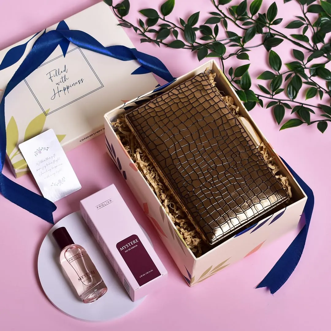 Gleevers Chic & Fragrant Gift for Women | Gift Box pack of 2 with Perfume (30 ml) & Golden Sling Bag | Birthday Gift, Anniversary Gift, Valentine Gift, Secret Santa Gifts